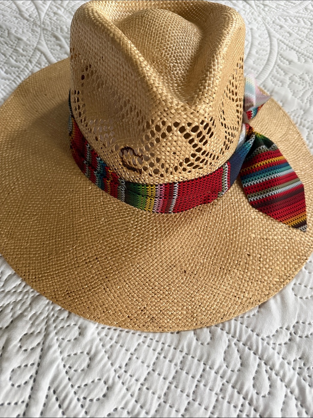 Natural Straw Fedora Hat with Multicolor Woven Band